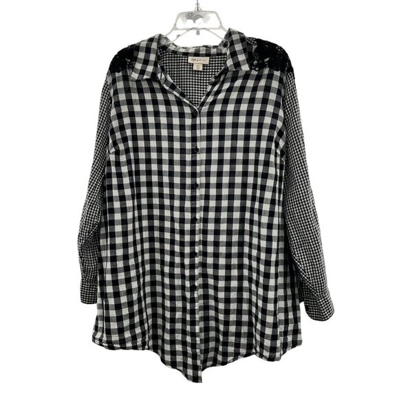 Style & Co Women's Button Up Top Long Roll Tab Sleeve Black/White Check Size 3X - Picture 1 of 9